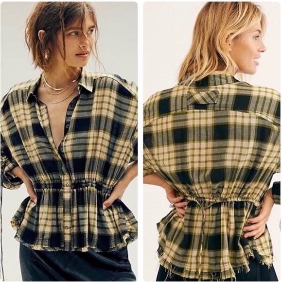 Free People Tops - FREE PEOPLE PACIFIC DAWN PLAID SNAP RUCHED SLEEVE WOOL BLEND FLANNEL TOP S NWT